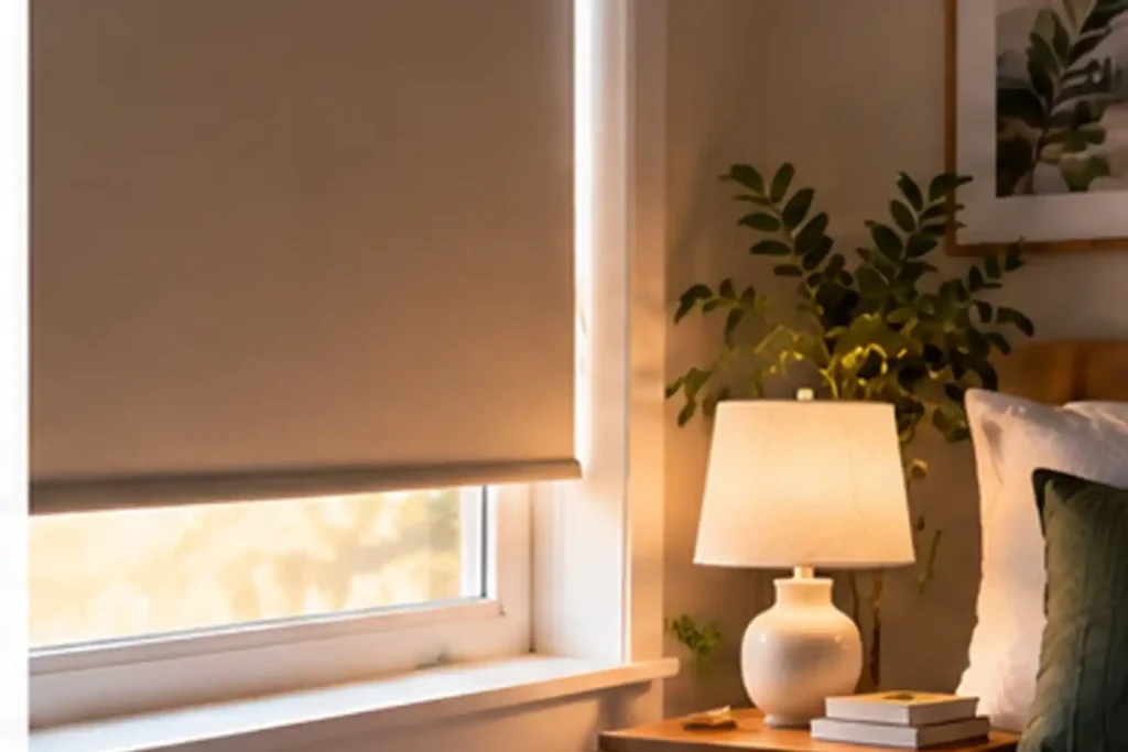 Opaque roller shade covering a bedroom window