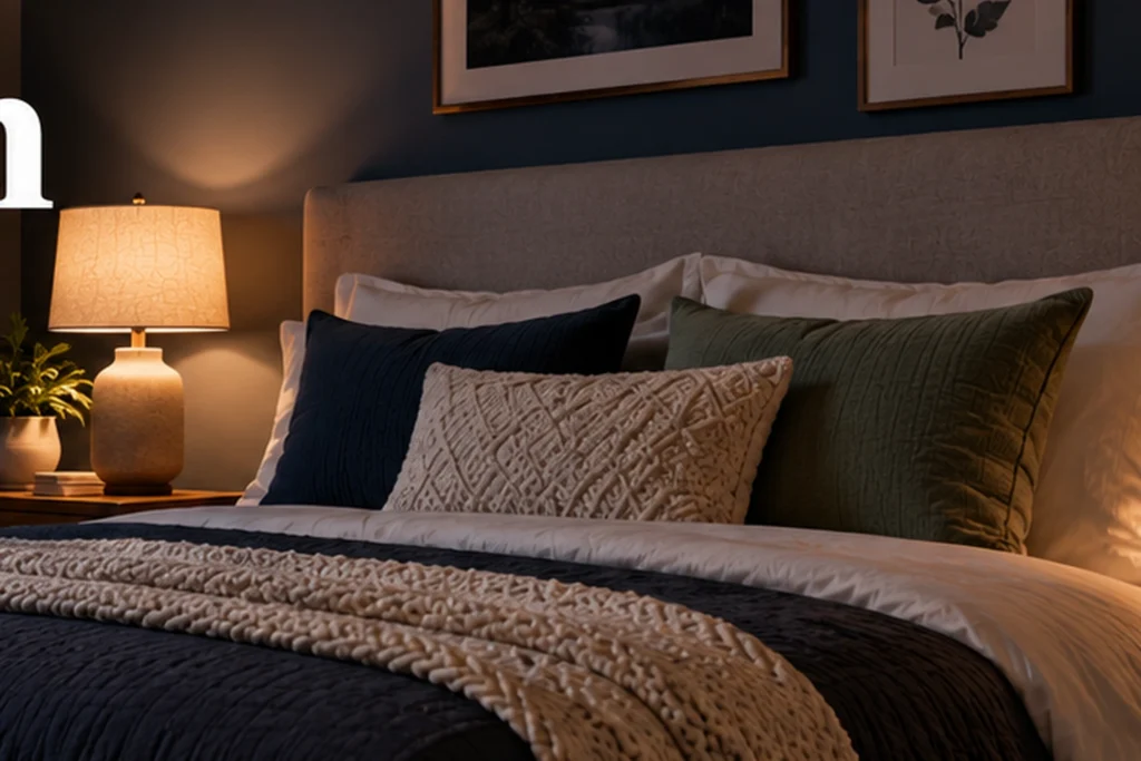 Bedroom window and bed showing a dark curtain setup for reducing nighttime light