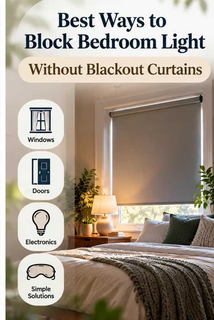 Vertical graphic about blocking bedroom light without blackout curtains