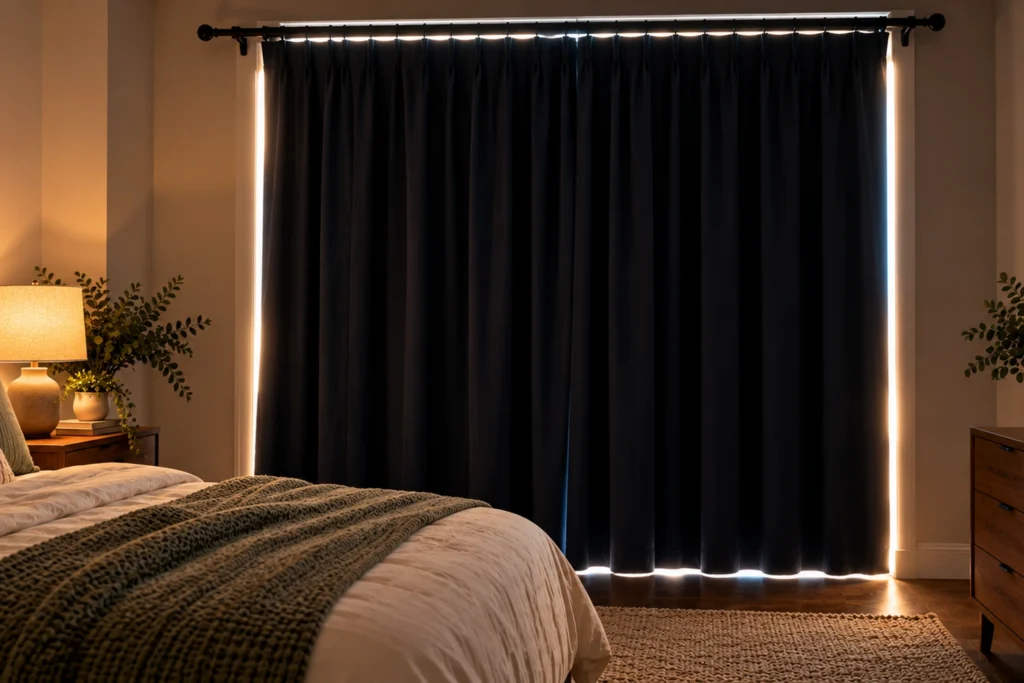 Bedroom window showing light leaking around the edges of dark blackout curtains