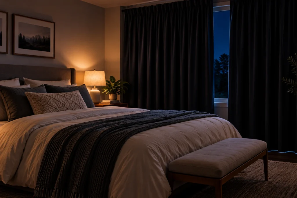 Dark bedroom with heavy blackout curtains covering a large window