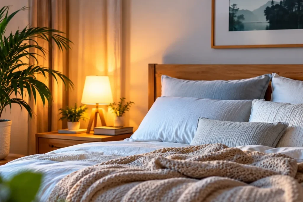 Comfortable bedroom with soft bedding, natural materials, plants, and gentle light
