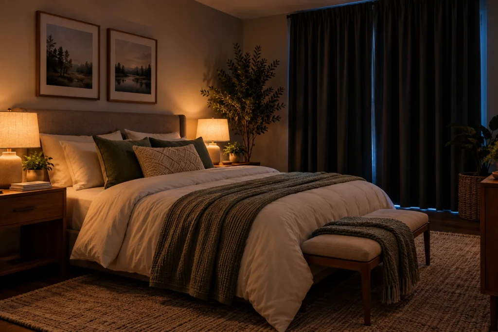 Dark, quiet bedroom with blackout curtains, warm bedside lamps, and comfortable layered bedding
