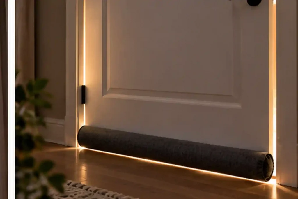 Bedroom door with a draft stopper reducing daylight entering under the door