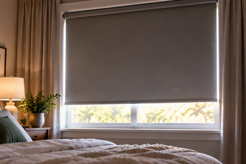 Bedroom window with an opaque blackout shade blocking daylight for daytime sleep