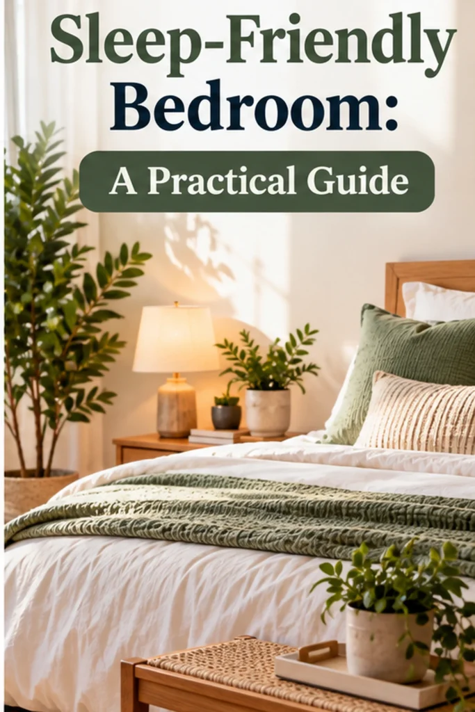 Vertical graphic showing a calm bedroom with the title How to Create a Sleep-Friendly Bedroom: A Practical Guide