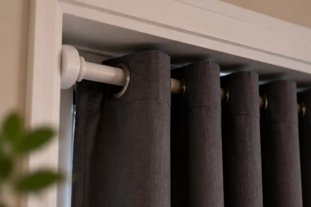 Tension rod holding blackout curtains inside a rental bedroom window recess