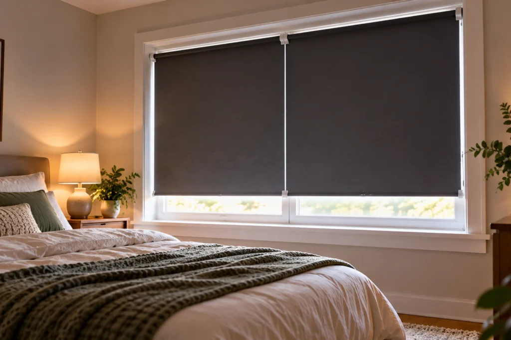 Renter-friendly no-drill blackout shades covering a bright bedroom window