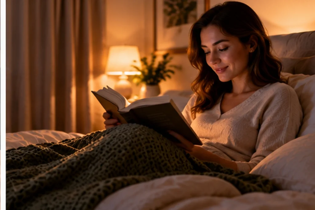 Woman reading in bed beside warm localized bedroom lighting