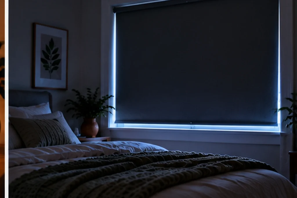 Dark bedroom with a blackout shade reducing window light