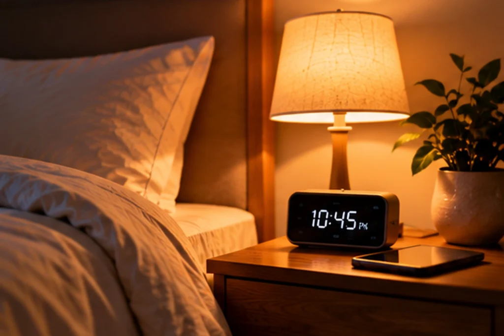 Warm bedside lamp lighting a bedroom before sleep