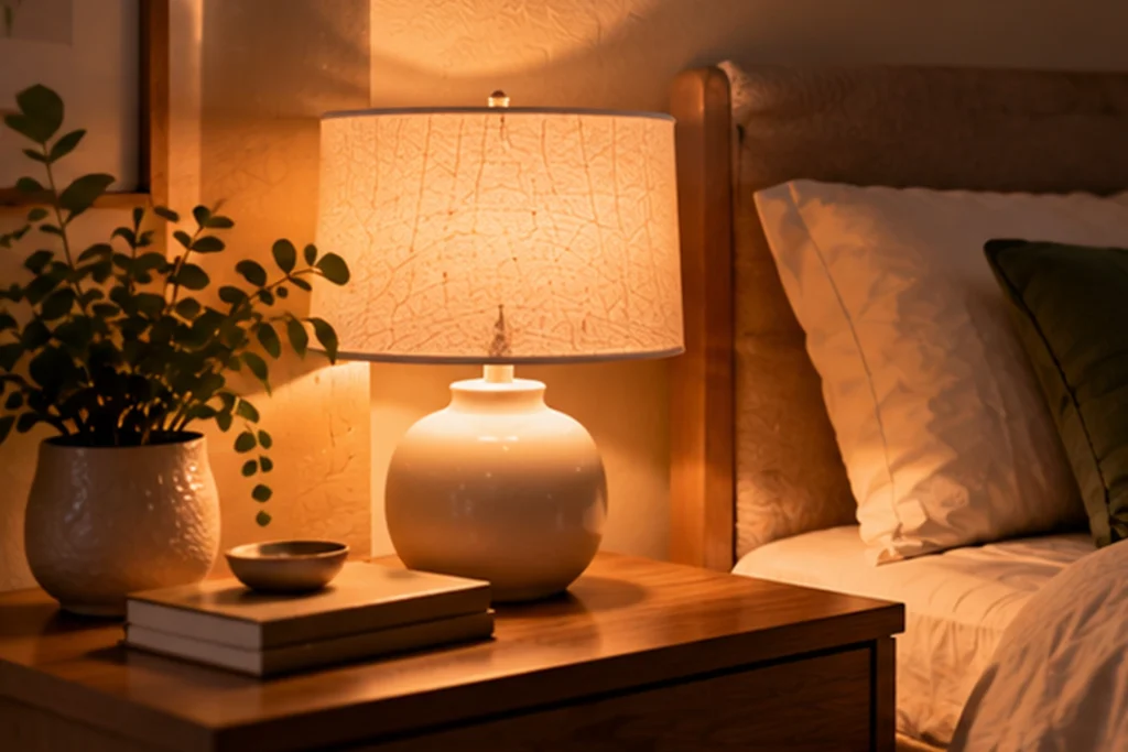 Warm bedside lamp creating soft evening bedroom lighting