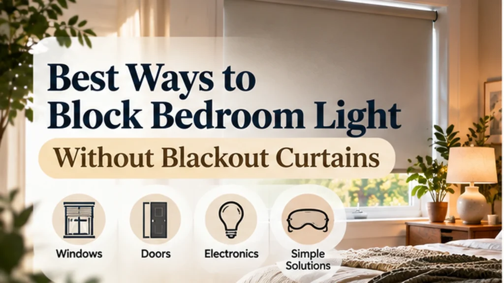 Bedroom with a roller shade, soft bedding, and warm lighting