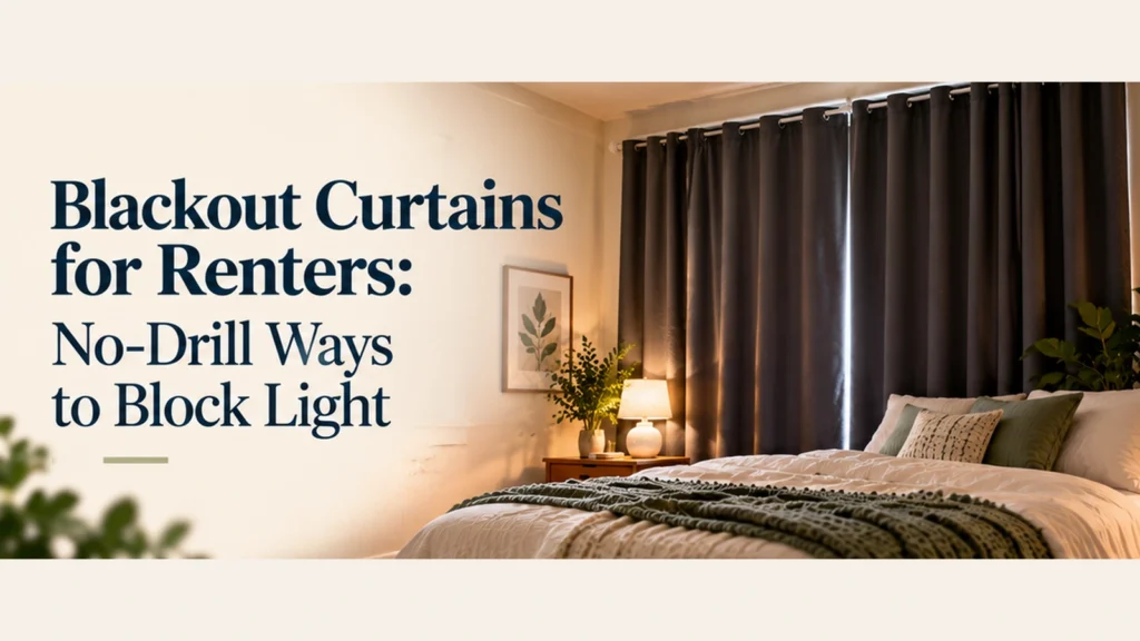 Renter bedroom with no-drill blackout curtains blocking light