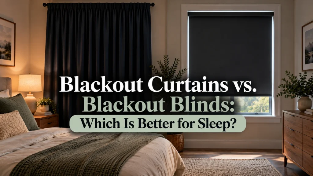 Bedroom comparison showing blackout curtains beside a blackout roller blind