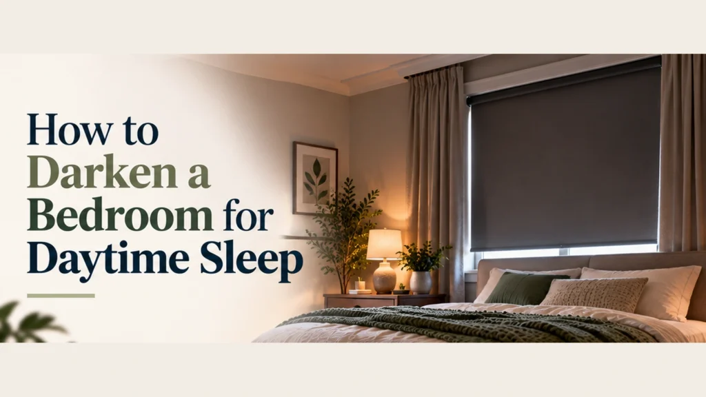 Dark bedroom with an opaque window shade and curtains set up for daytime sleep