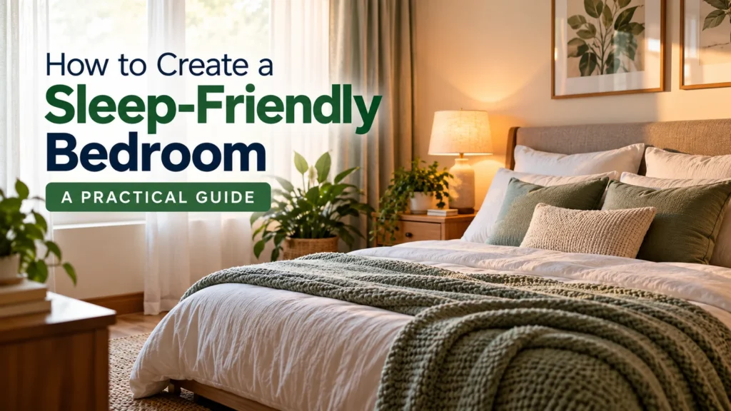 Cozy bedroom with soft lighting, layered bedding, plants, and curtains designed as a calm sleep environment
