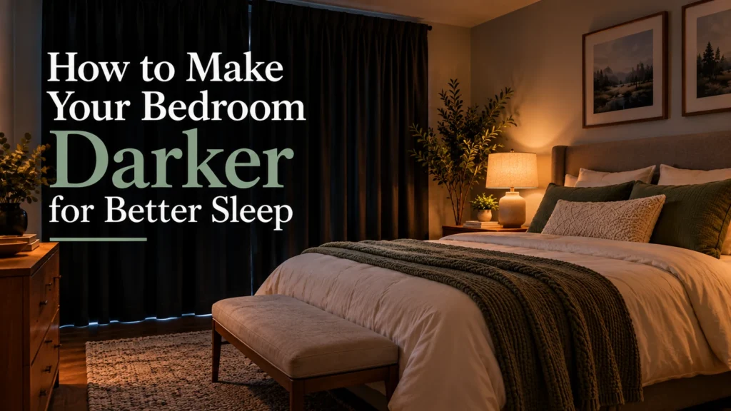 Dark bedroom with blackout curtains, layered bedding, and warm bedside lighting