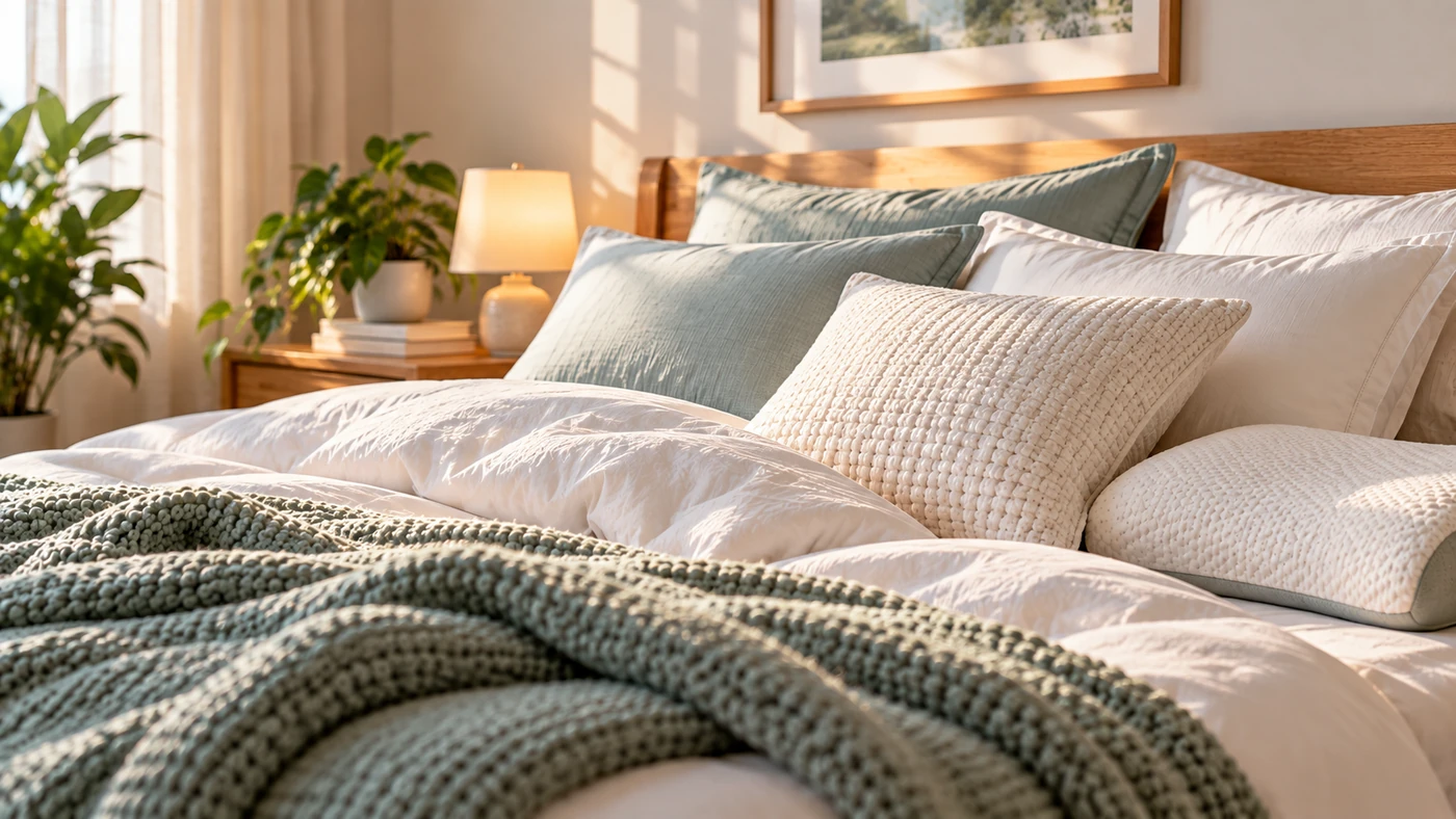Comfortable pillows and mattress on a neatly made bed